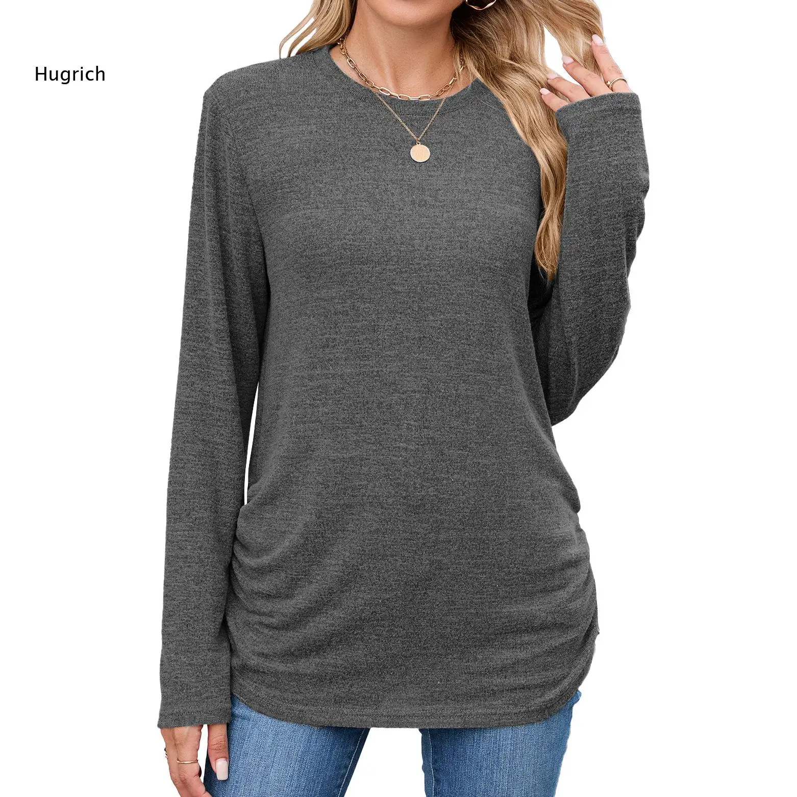 Ladies Round Neck Long Sleeve Top Side Shirred Detail Curved Hem Soft Knit Daily Shirts