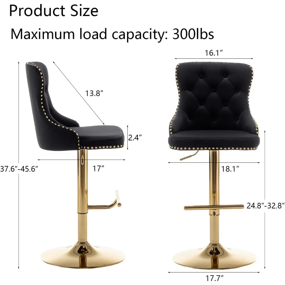 Ensemble de 2 tabourets de bar pivotants en velours doré, hauteur de comptoir avec bouton et garniture de têtes de clous, chaises d'îlot de cuisine