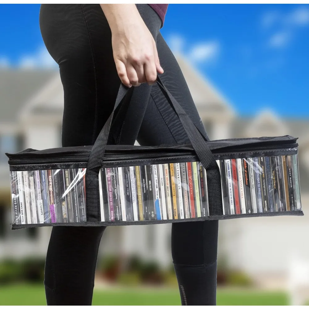 Torby do przechowywania płyt CD - 2 sztuki przezroczystych plastikowych etui na płyty muzyczne - Wytrzymałe, szyte, mocne uchwyty, mieści 96 albumów i filmów