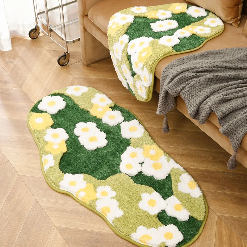 

Moss Three-dimensional Plush Area Rug Creative Daisy Bedside Rug Bedroom Decorative Floor Mats Anti-slip Absorbent Bath Mat