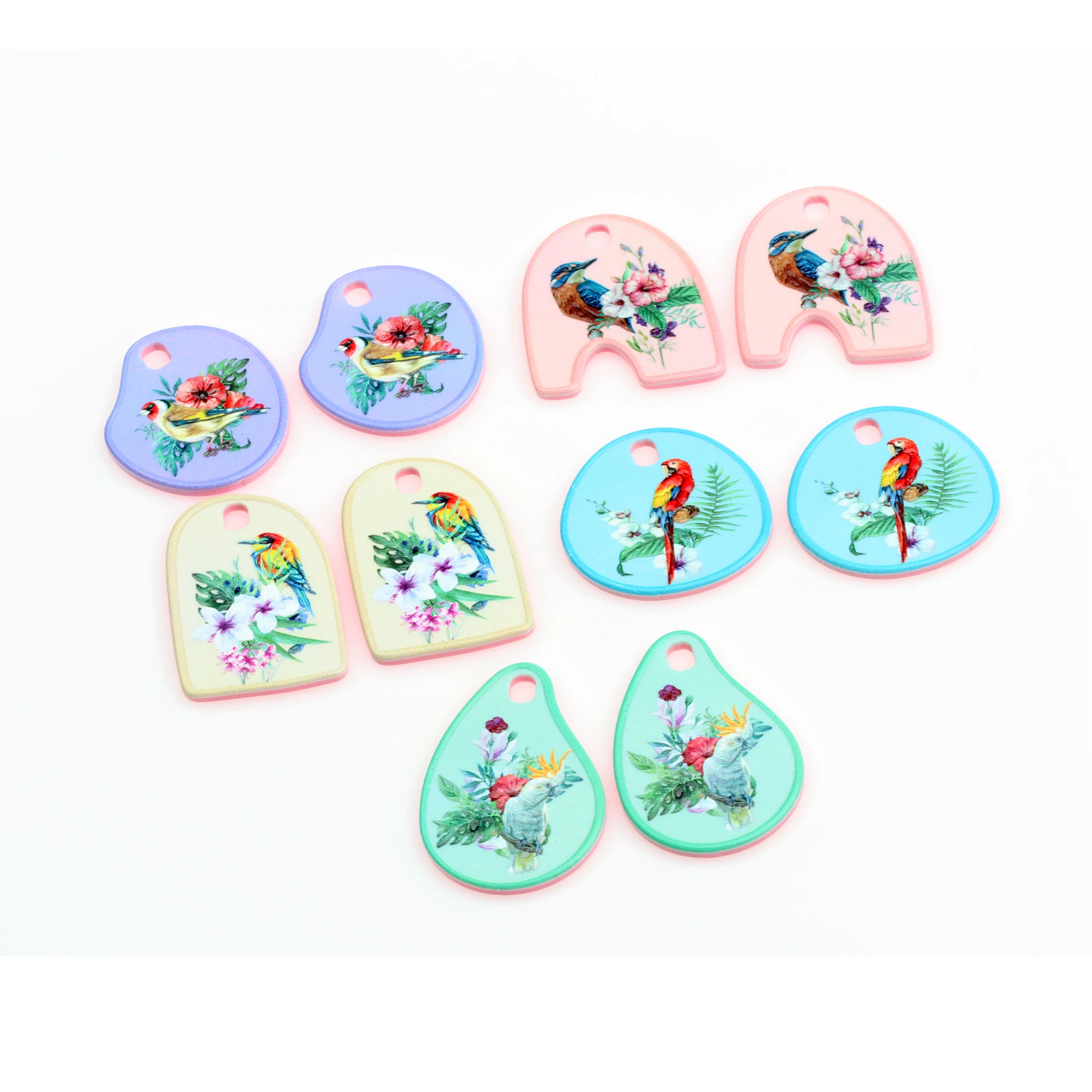 6pcs Printed Acrylic Charms,Geometry Flat Pendant,Bird Pattern Earring Parts,Earrings Findings,Jewelry Supplie ,ACL325-329