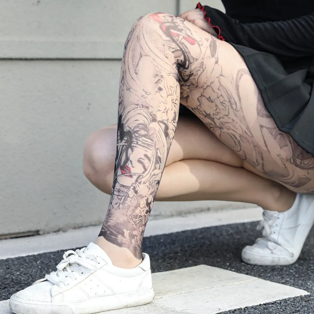 1 par de calcetines de muslo estampados sexys para mujer, medias con efecto de tatuaje falso, calcetines de una sola pierna con perspectiva personalizada, para verano.