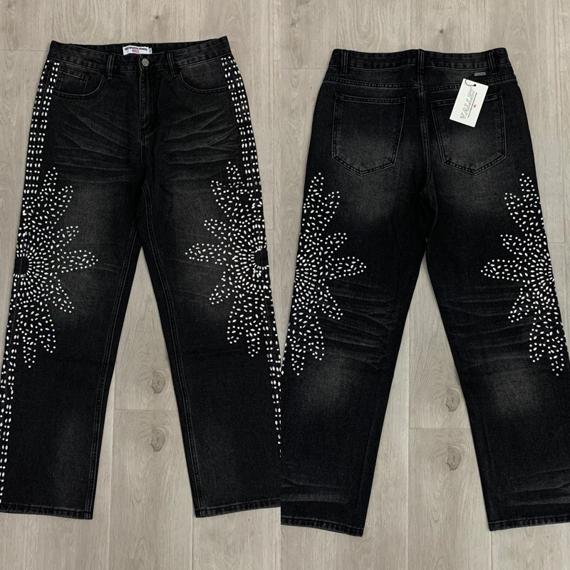 

Fashion High Quality Hot Drilling Vale Jeans Straight Pants New American Streetwear VALLEY Denim Trousers Men's Clothing