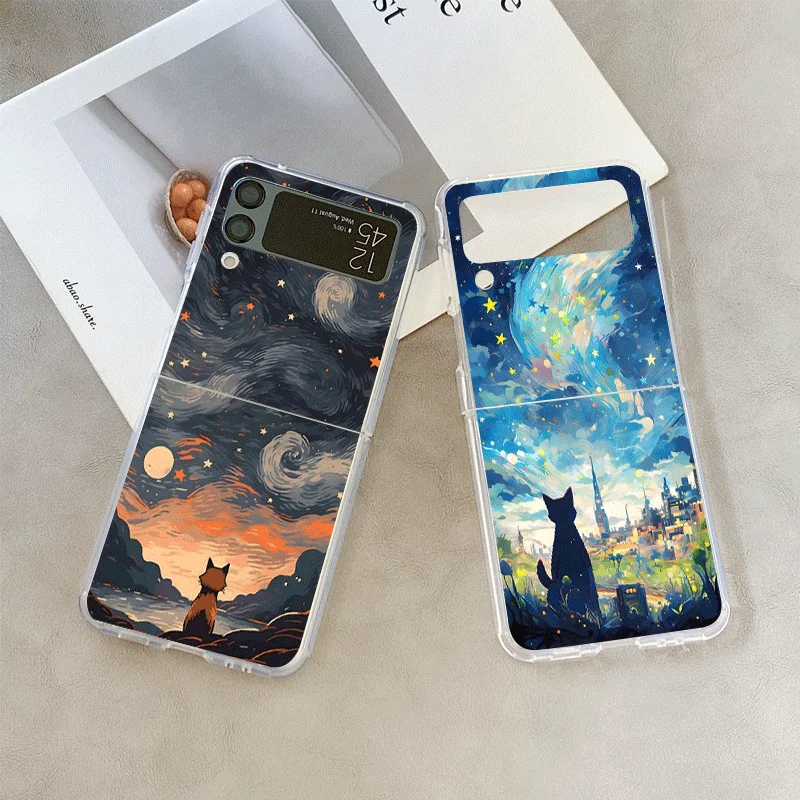 Pintura a óleo gato preto céu estrelado caso de telefone para samsung galaxy z flip 7 flip 6 5 4 3 5g capa dobrável para z flip7 flip5 fundas