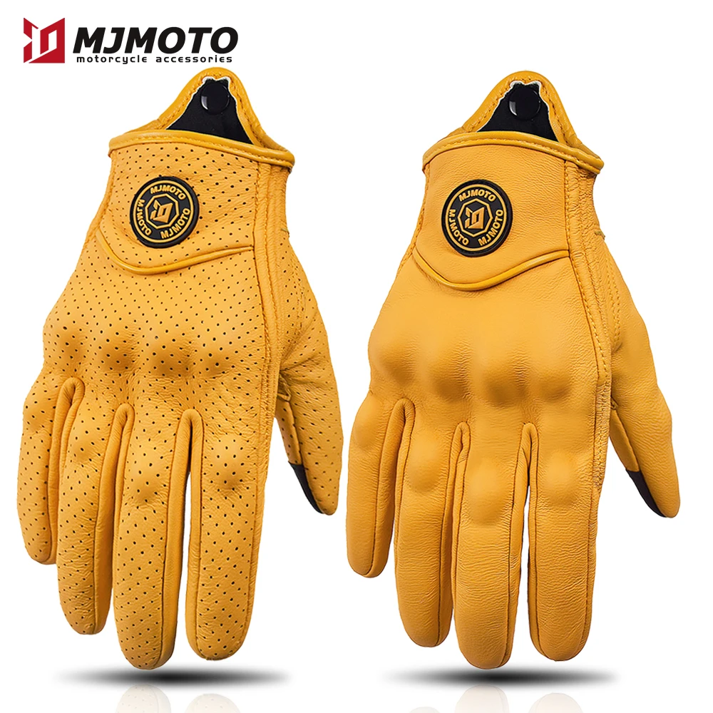 Retro Yellow Leather Motorcycle Gloves Vintage Men Motorbike Racing Gloves Touch Screen Breathable Moto Biker Motocross Gloves