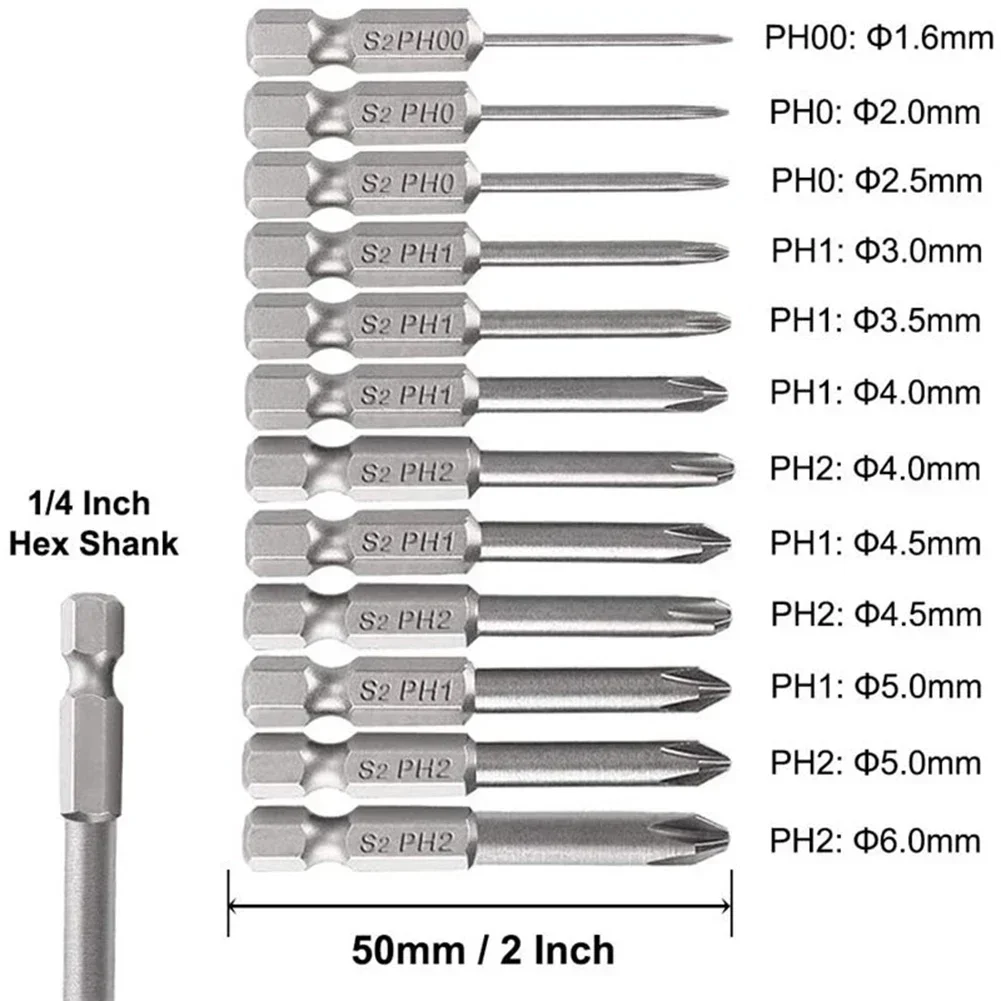 12Pcs 50mm 1/4 Inch Hex Shank Magnetic Alloy Steel PH Cross Screwdriver Bits Set For Small Appliances And Precision Apparatus