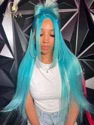 Pelucas de cabello humano liso con encaje Frontal, pelo azul claro, 13x6, 13x4, HD, transparente, prepumado