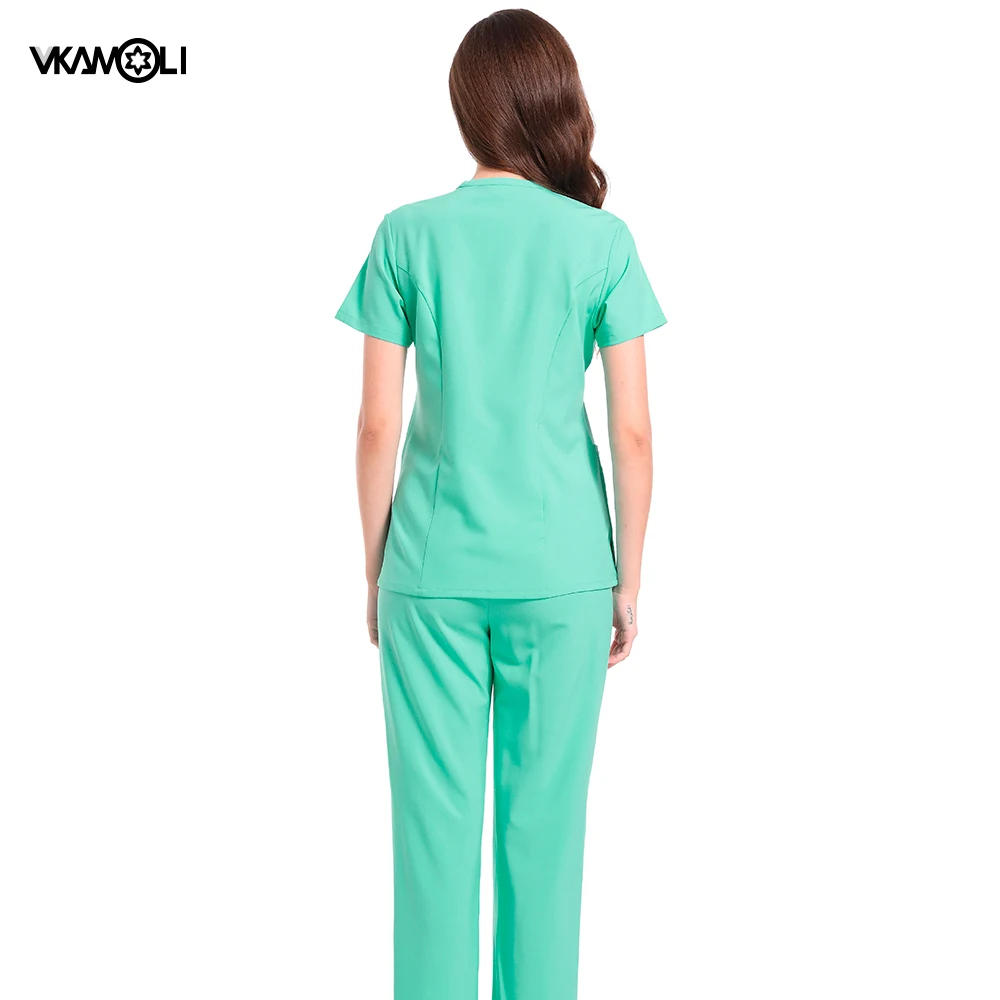 Tecido Elástico de Secagem Rápida das Mulheres Scrubs Top e Pant Set, Roupas Médicas, Uniformes Cirúrgicos Mulher, Salão de Beleza Roupas de Trabalho