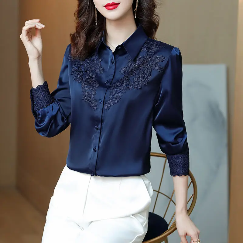 

Casual blouse female satin shirt women's design sexy vintage port flavor high-end long sleeve shirt ladies wild chiffon blouse