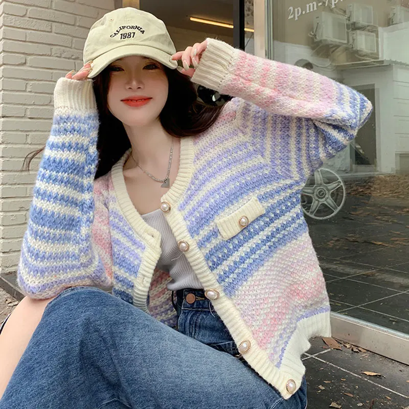 2023 Autumn Rainbow Knitted Cardigan Button Long Sleeve Casual Elegant Sweater Female Kawaii Y2k Clothing Korean Style Pullover