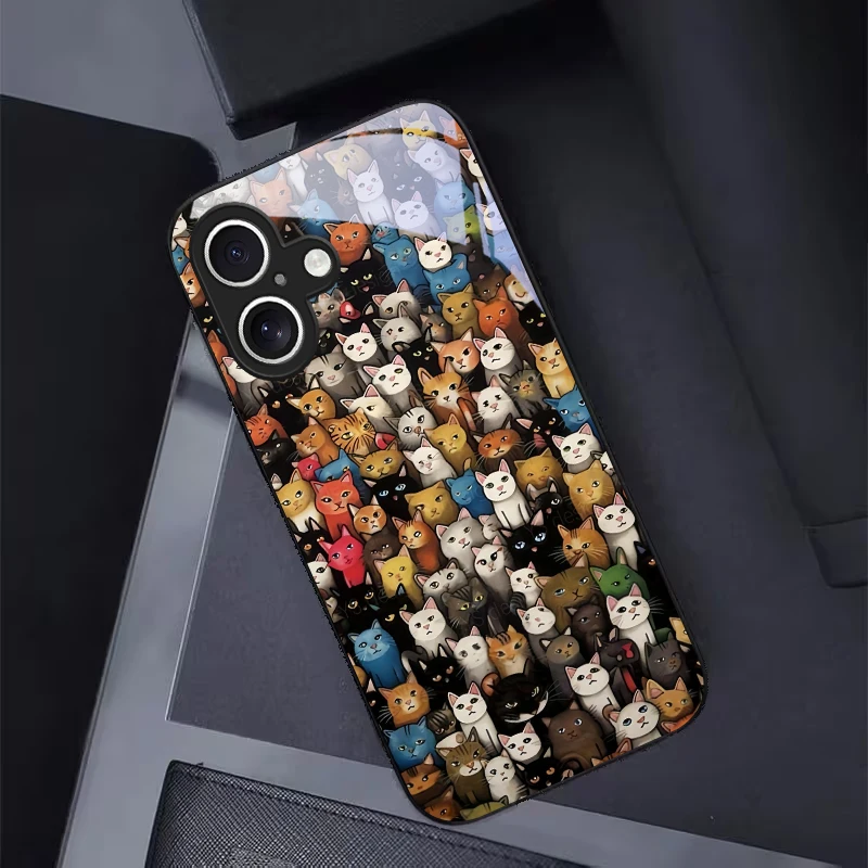Whimsical Cat Crowd Black Glass Phone Case For iPhone 18 16 11 Pro 12 13 mini 14 15 Pro Max 16E 17 Air XsMax XR 8 7 Plus X Cover view 4