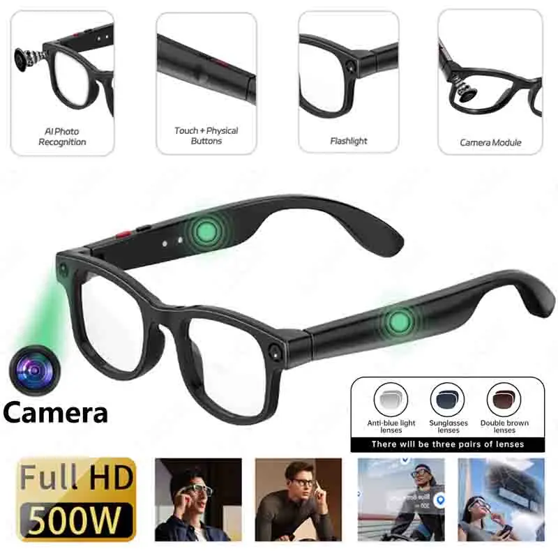 

AI Smart Glasses Chat GPT 500W Camera 3 in 1 Replaceable Lenses Bluetooth Call 300Mah Battery Voice Assistant Sports Sunglasses