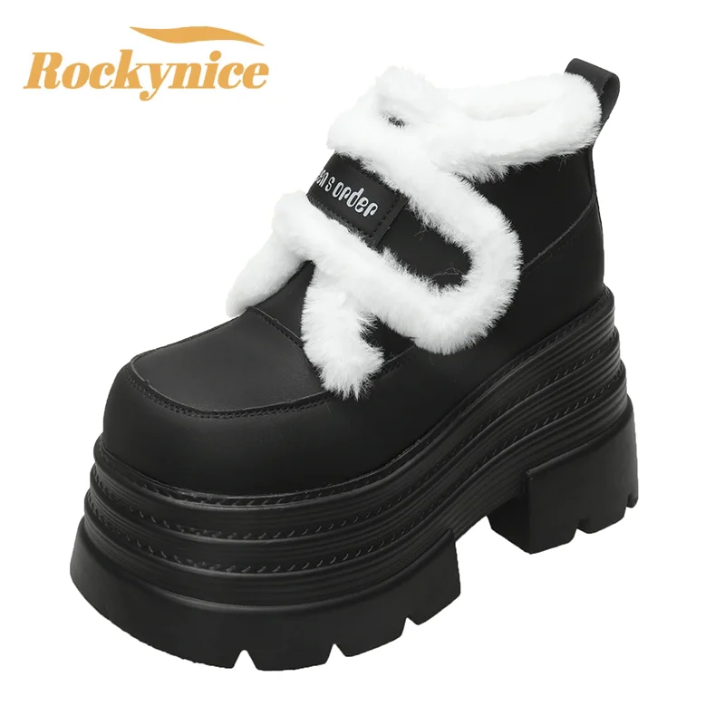 

2025 Winter Boots Women Warm Cotton Snow Shoes Fashion 10CM High Platform Sneakers Thick Heels Leather Ladies Plush Chunky Shoes