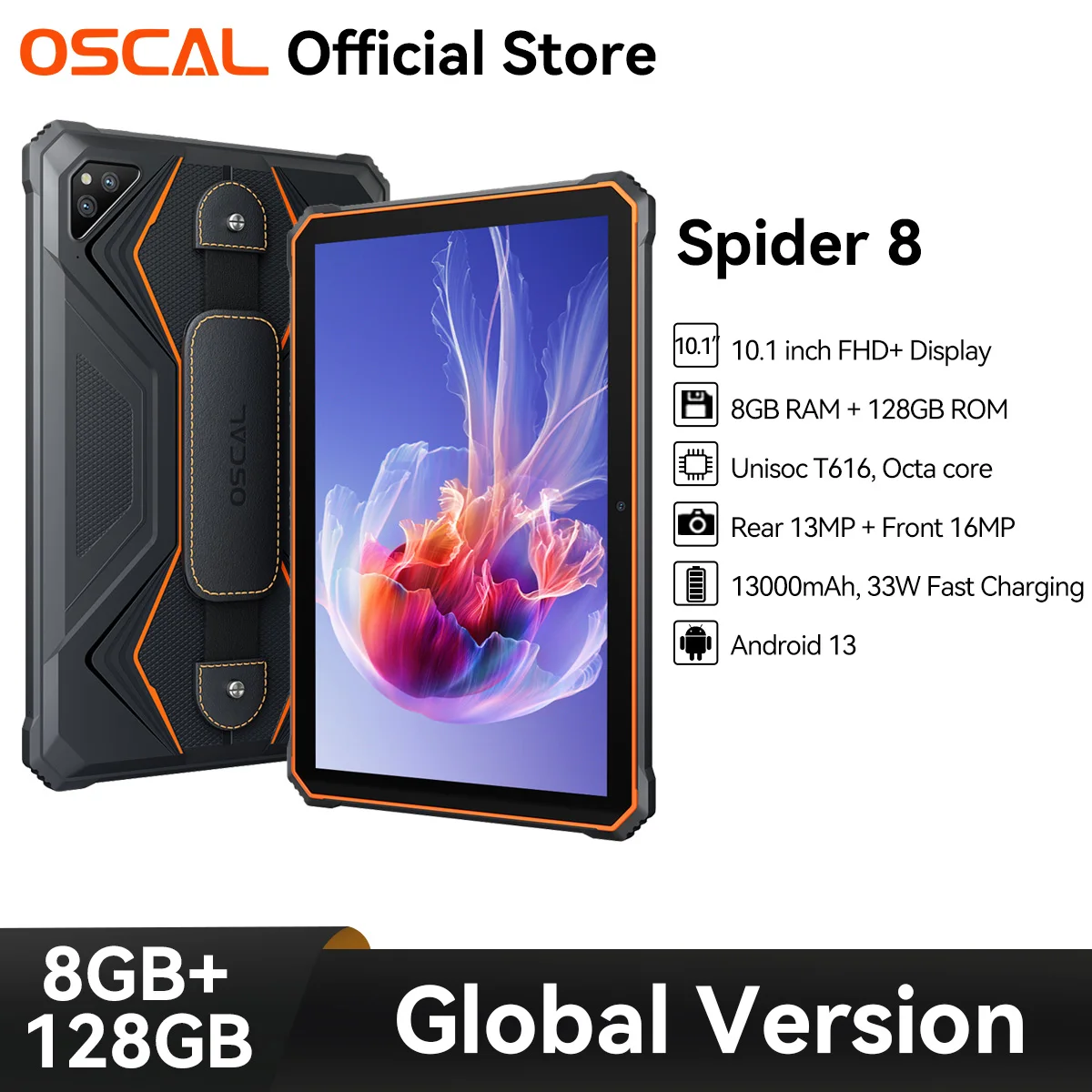 OSCAL Spider 8 Rugged Tablets,Android 13 ,10.1‘’ FHD Display ,T616 16GB RAM + 128GB ROM Tablet PC 13000mAh , 33W Fast Charger