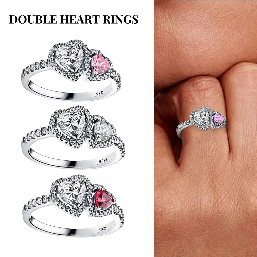 2025 New Valentine's Day Silver 925 Shining  Double Heart Zircon Ring Original  Finger Wedding Ring DIY Women Fine Jewelry Gift