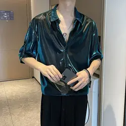 Spring Summer New Fashion Solid Square Neck Middle Sleeve Shirts Men's Clothing Trend Single Breasted Korean Cardigan Y2K Blouse