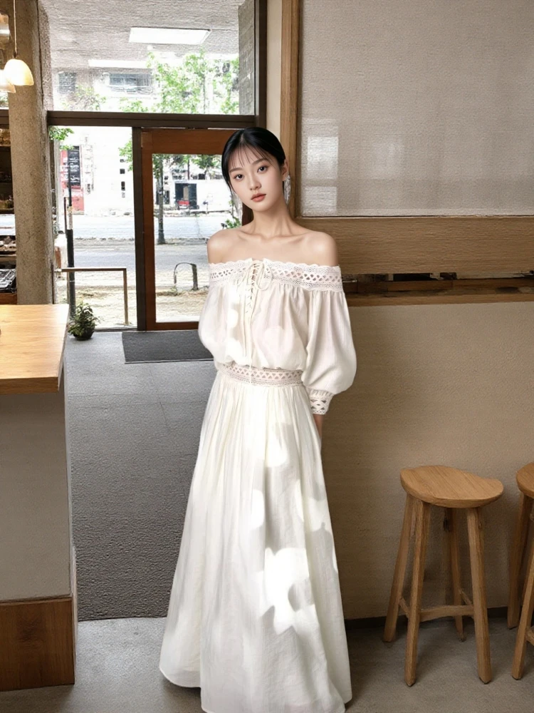 

Ele Hollow out Lace Trim oulder Bridesmaid Set Women's High Waist A-Line Dr Summer Long Sve Commute Sle