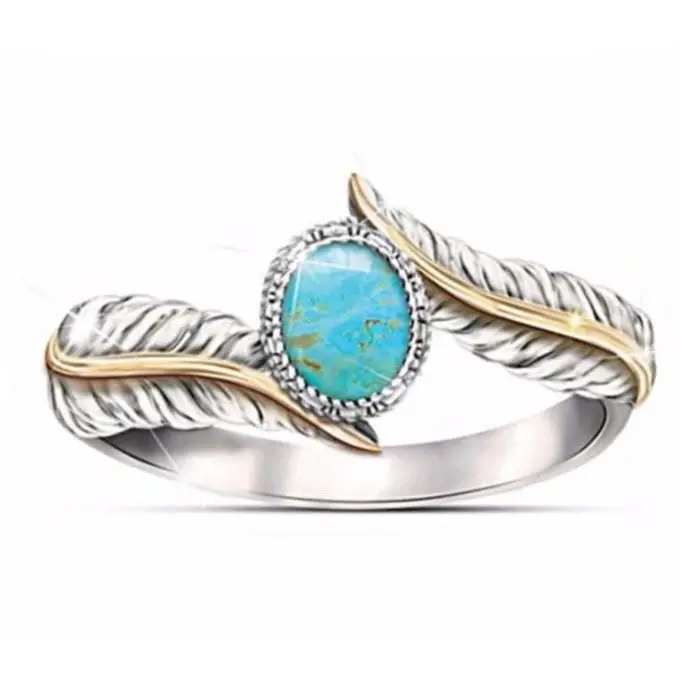 

Turquoise Feather Ring for Women New Arrival Party Engagement Ring Color Split Fashion Jewelry Band Alloy Embedded