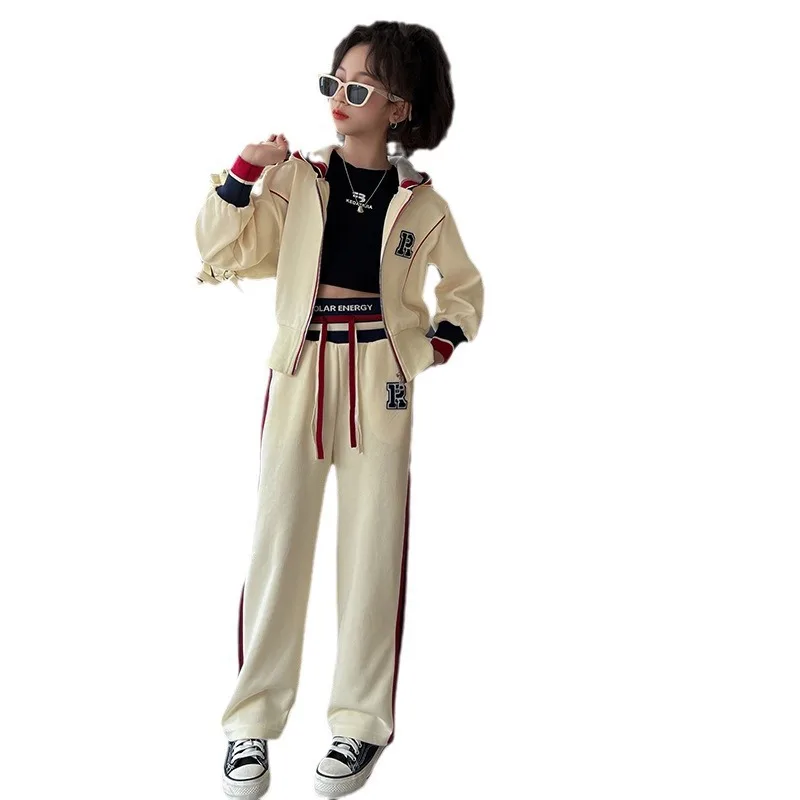 2024 autumn girls Clothes Children set zipper Sports Suit Teen tracksuit hooded jacket + striped pants 4 5 7 8 10 11 12 years