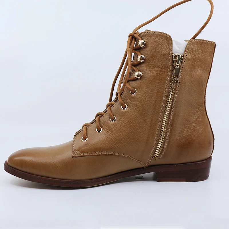 Soft Cow Leather Twin Zip Lace Up Square Toe Low Stacked Heel Women Ankle Boots