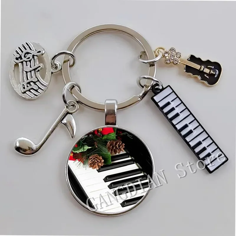 New piano note pendant glass convex round Keychain piano keyboard glass shrapnel DIY Keychain gift pendant