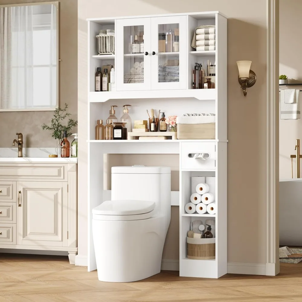 

Over The Toilet Storage Cabinet,Bathroom Organizer with Glass Doors and Paper Holder,Bathroom Shelf Over Toilet,Space-Saver
