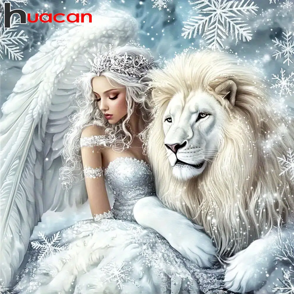 Huacan Girl Portrait Diamond Painting Lion Animal Diamond Mosaic New Collection 2025 Picture Of Rhinestones