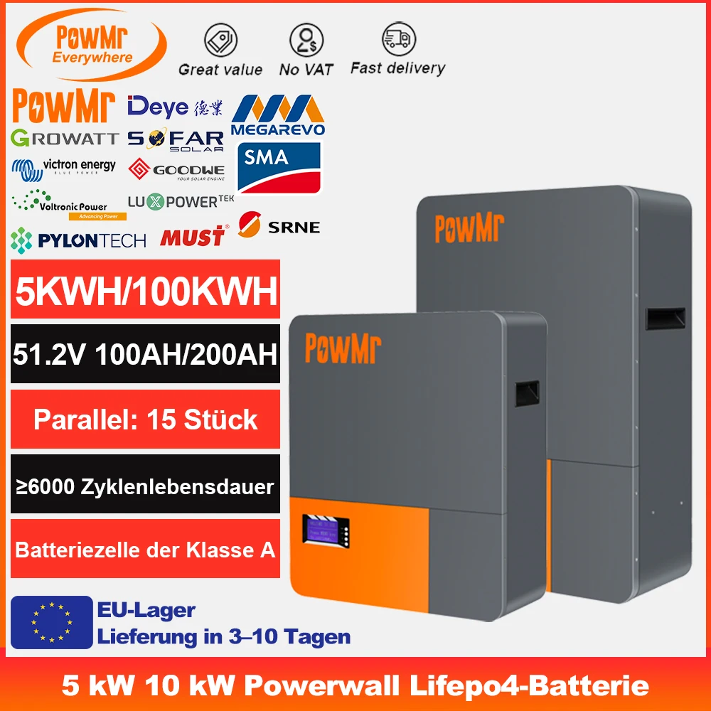 Powmr Powerwall 48V 100Ah 200Ah Lifepo4 Batterie 5Kw 10Kw 51,2V 16S Solar Wiederaufladbare Batterie PC-Monitor Rs485 BMS 6000 Zyklen+