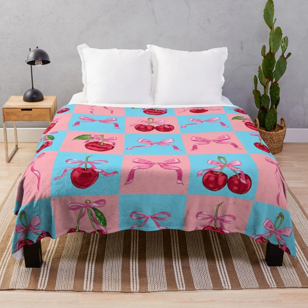 Coquette Cherry and Bows Check Throw Blanket Sofa Quilt Luxury Thicken Stuffeds Decoratives Blankets