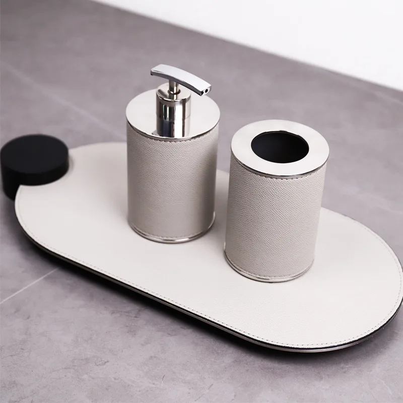 

Bathroom Storage Organizer Set Stainless Steel Leather Handmade Plated Soap Dispenser Toothbrush Holder Home Decor Set