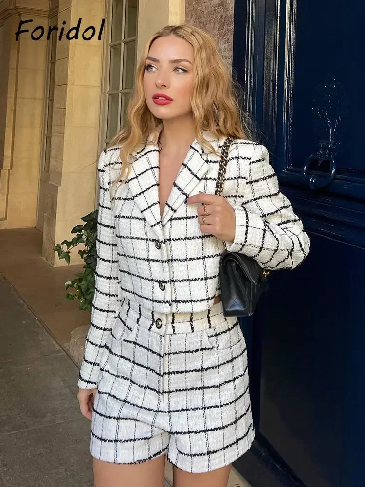 Foridol Plaid White Black Tweed Winter Autumn Female Blazer Suit Office Short Blazer Shorts Set Zipper Button Winter Knitted Top