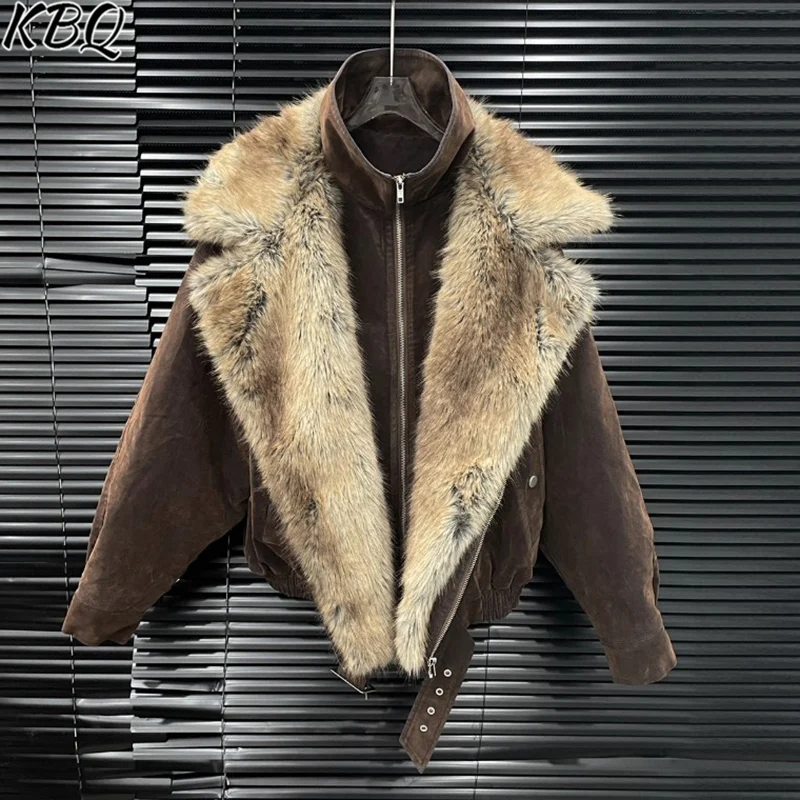 

KBQ Spliced Zipper Fur Chic Jackets for Women Stand Collar Long Sleeve Street Fashion Design Sense Coats Female Fashion Style