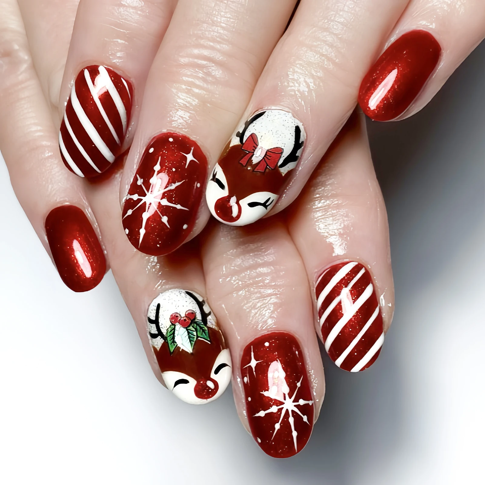 Christmas Press on Nails with Stripes Printed Odorless Provides a Comfortable Experience for Daily and Parties Wearing