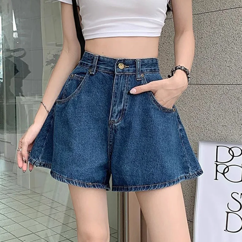 レディース ハイウエスト ワイドレッグ デニムショートパンツ 2025 夏 カジュアル ボタン ショートパンツ ヴィンテージ ストリートウェア 女性用 ルーズ ブルー ジーンズ