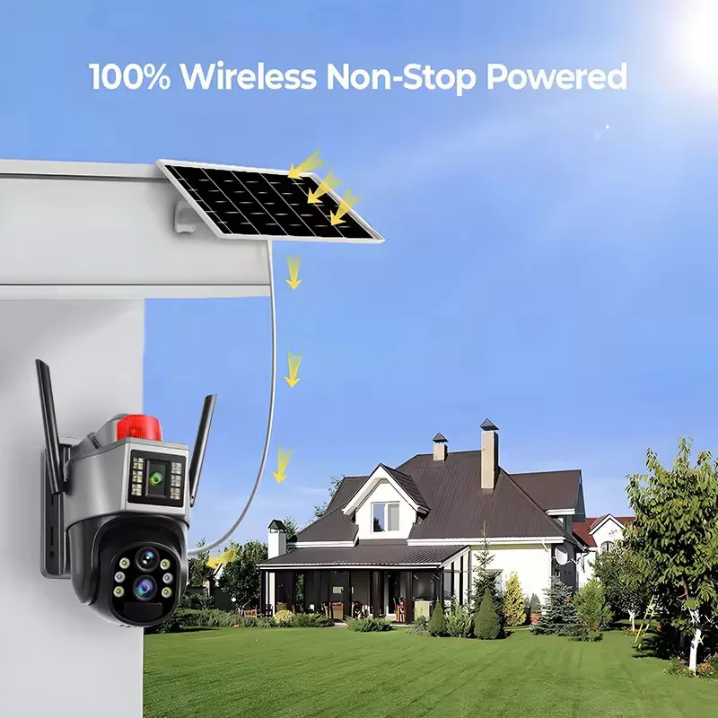 6MP Three Screen 10x Zoom 4G Wifi Dual Panel Outside Camera AI Humanoid Detection Color Night Vision Solar Cctv Camera