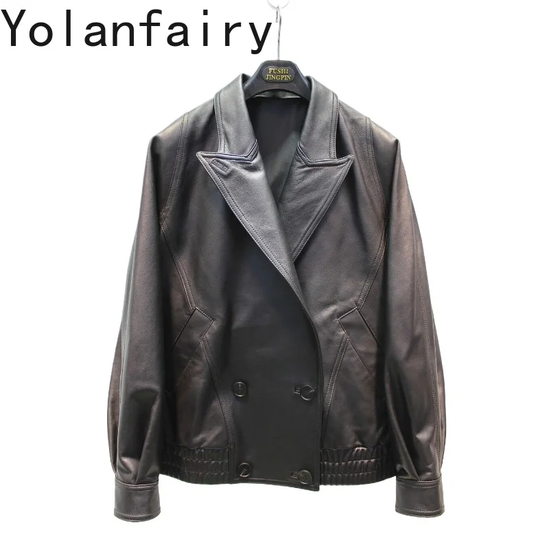 YOLANFAIRY Genuine Leather Jacket Women High Quality Real Sheepskin Coat Suit Collar Fashion Ladies Leather Jackets Outerwear