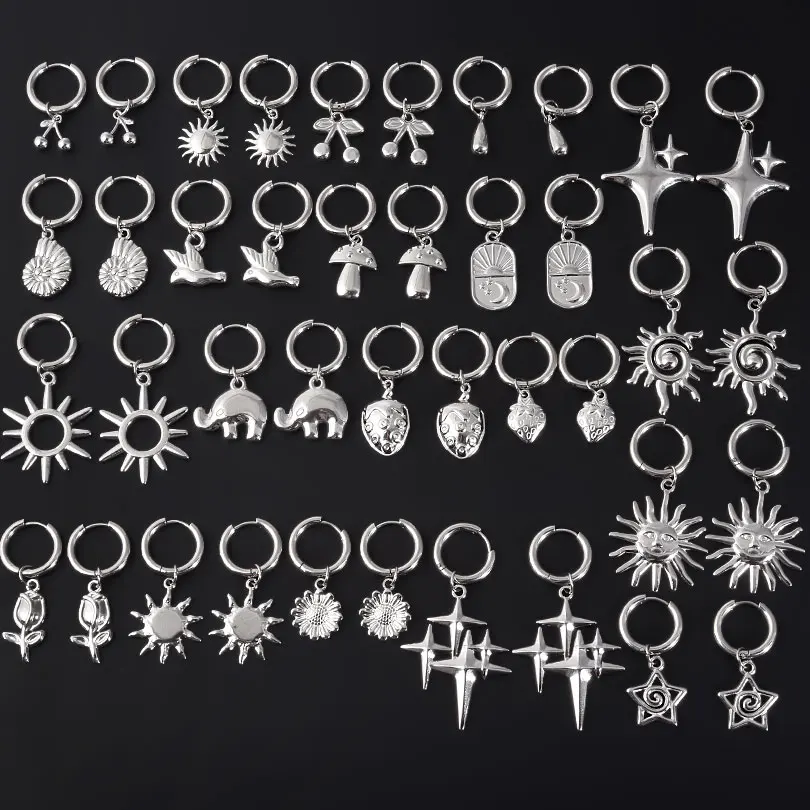 Pendientes de aro colgantes Kpop Sun Cherry Star, aretes de acero inoxidable de Color plateado para mujeres y hombres, accesorios de joyería Aretes