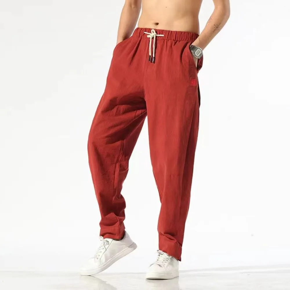 Calça de linho de algodão masculina, virilha aberta invisível, sexo ao ar livre, moda casual, exoticismo, nove pontos