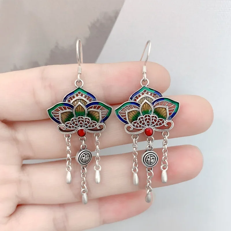 

Ethnic 925 Sterling Silver Green Yellow Lotus Tassel earrings Women Enamel Hollow Flower Long Hanging Jewelry EH238