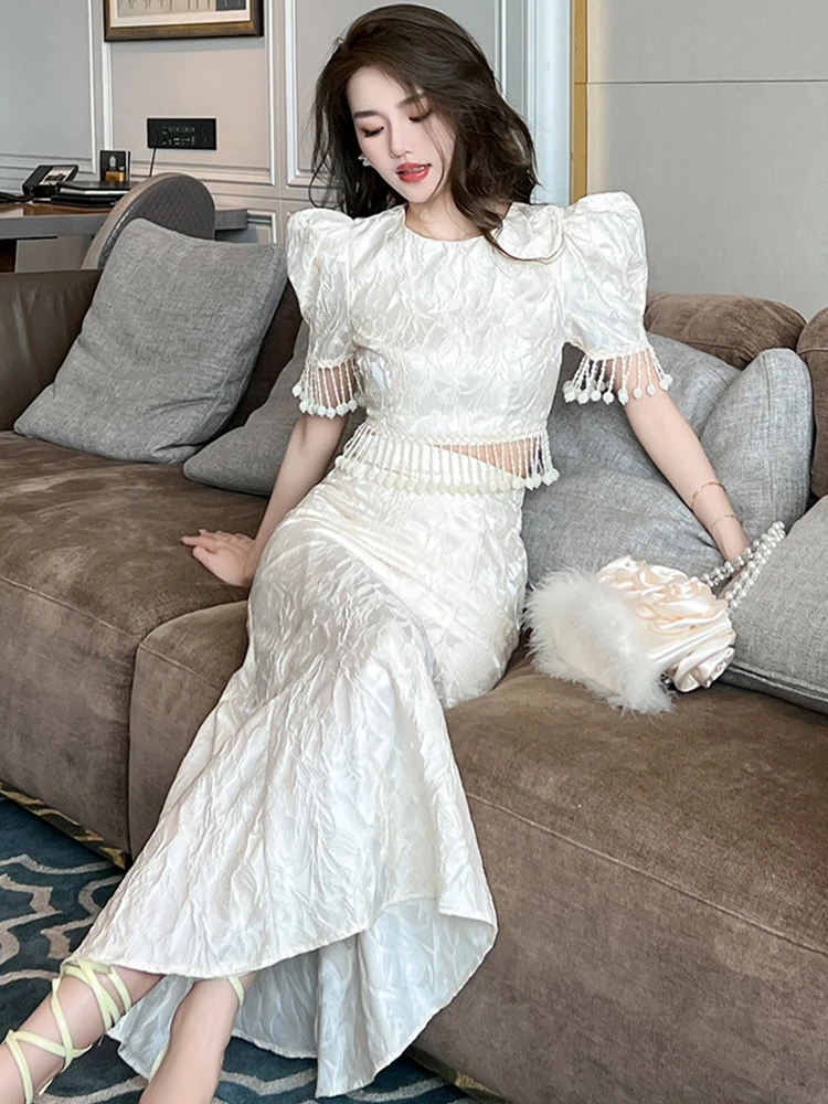 2024 Celebrity Style Vintage 2 Pieces Outfits Women Jacquard Satin Pearl Tassel Short Tops Long Fishtail Skirt Sets Party Prom