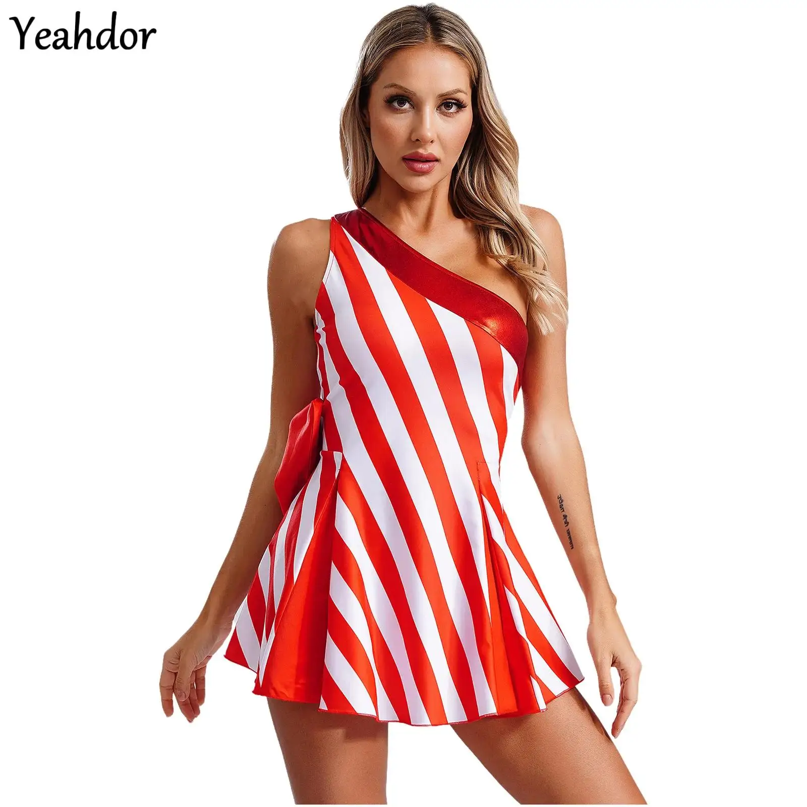 

Women Santa Claus Christmas Dance Costume Candy Cane Striped Dress Sleeveless Sequin Leotard Tutu Dress Ballet Skating Bodysuit