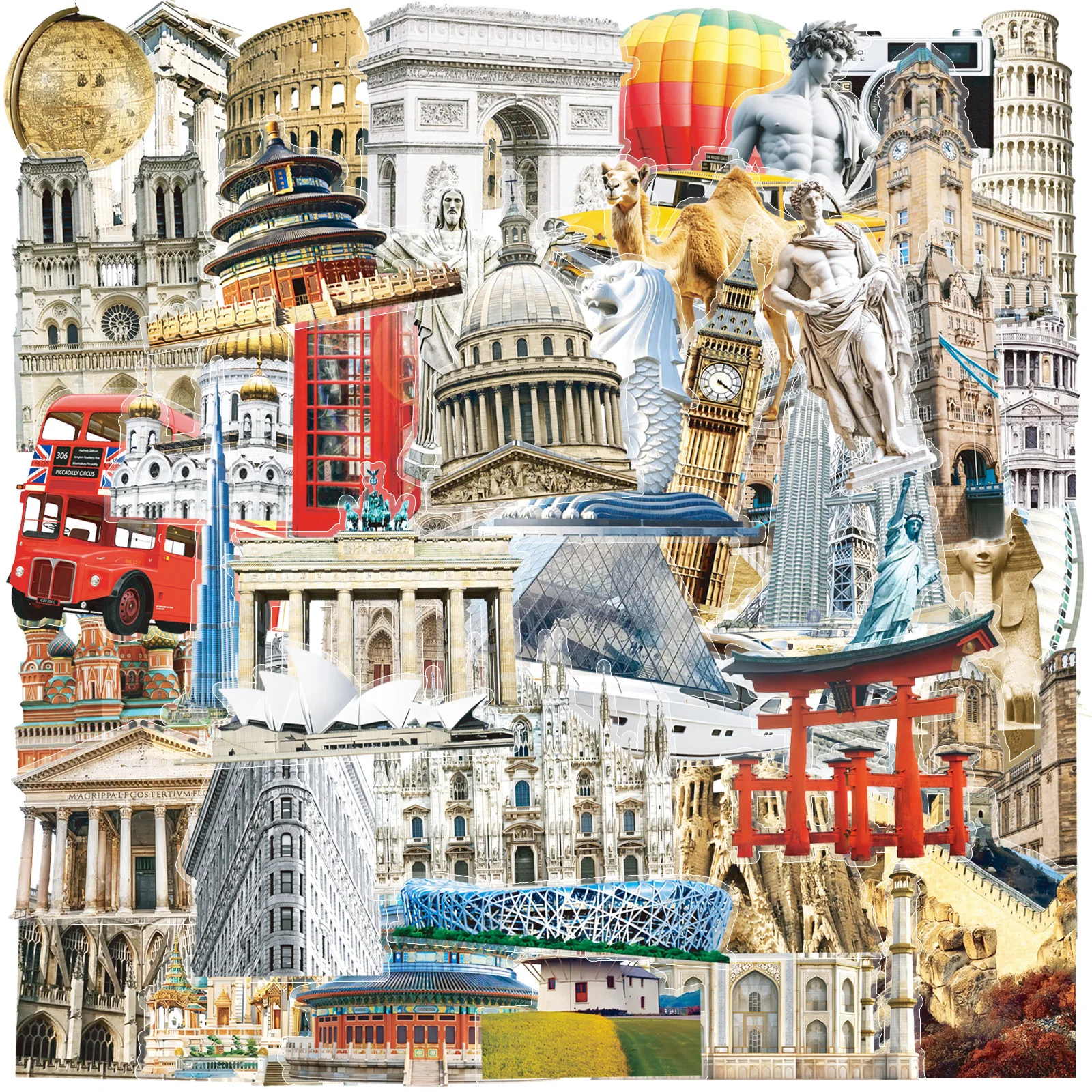 

50Pcs Transparent Mix World Famous Building Stickers Aesthetic Travel Landmark Decal Waterproof Graffiti Phone Suitcase Decals