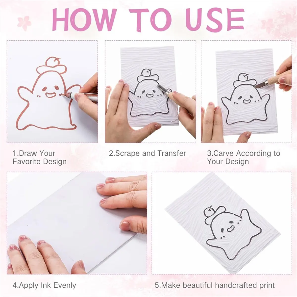 【クーポン！】{0}12個入り-ピンク-カービングブロック-pvc-リノリウムブロック-ソフトスタンプ-カービングブロック-スタンプ作成キット-印刷用