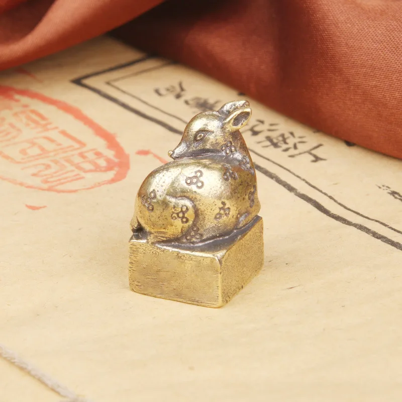 Vintage Brass Deer Seal Ornament Carving Leisure Seal Plum Blossom Deer Copper Seal Collectible Old