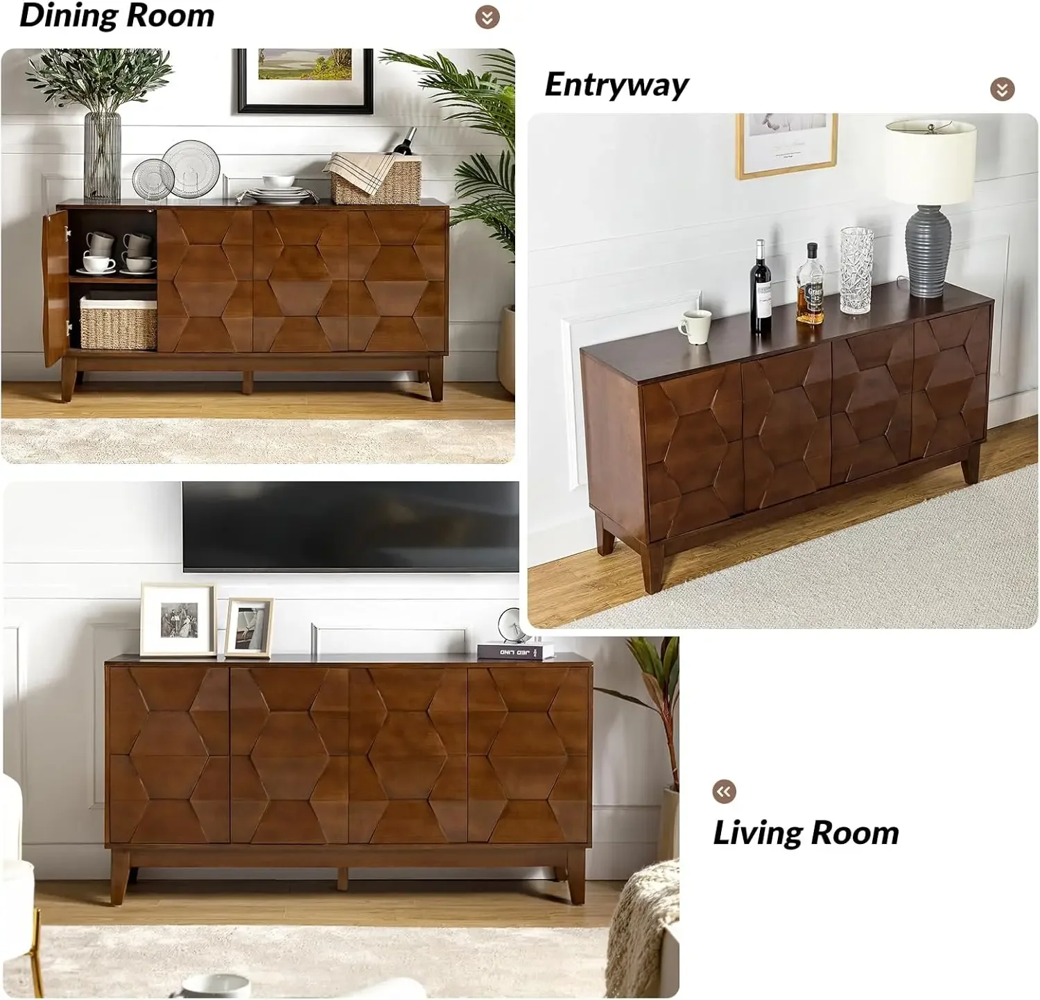 HULALA HOME Mid Sideboard Buffet Cabinet with Solid Wood Legs, 60" Kitchen Storage Cabinet Credenza with 4 Doors