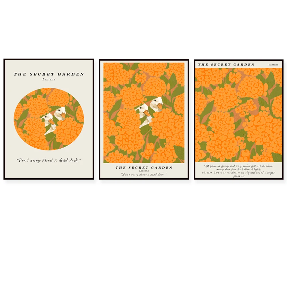 Orange Lantana Flowers Quotes Printable Wall Art, Duck Animal Art, Flower Art Printed Canvas Canvas Decoration Home Poster