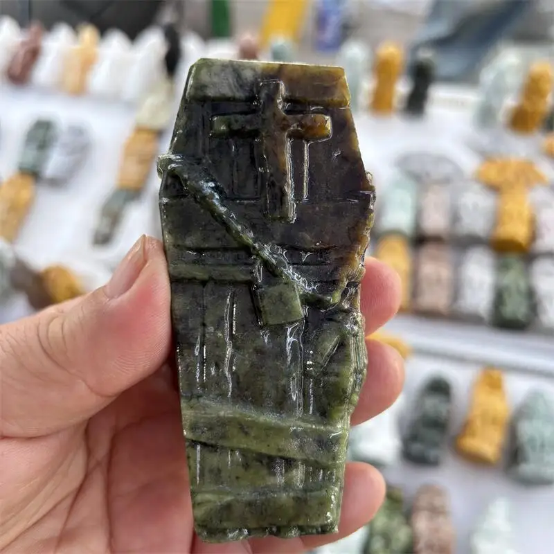 Natural Jade Quartz Coffin Carving Statue Crafts Polished Healing Fengshui Figurine Home Ornament Gift 1PCS