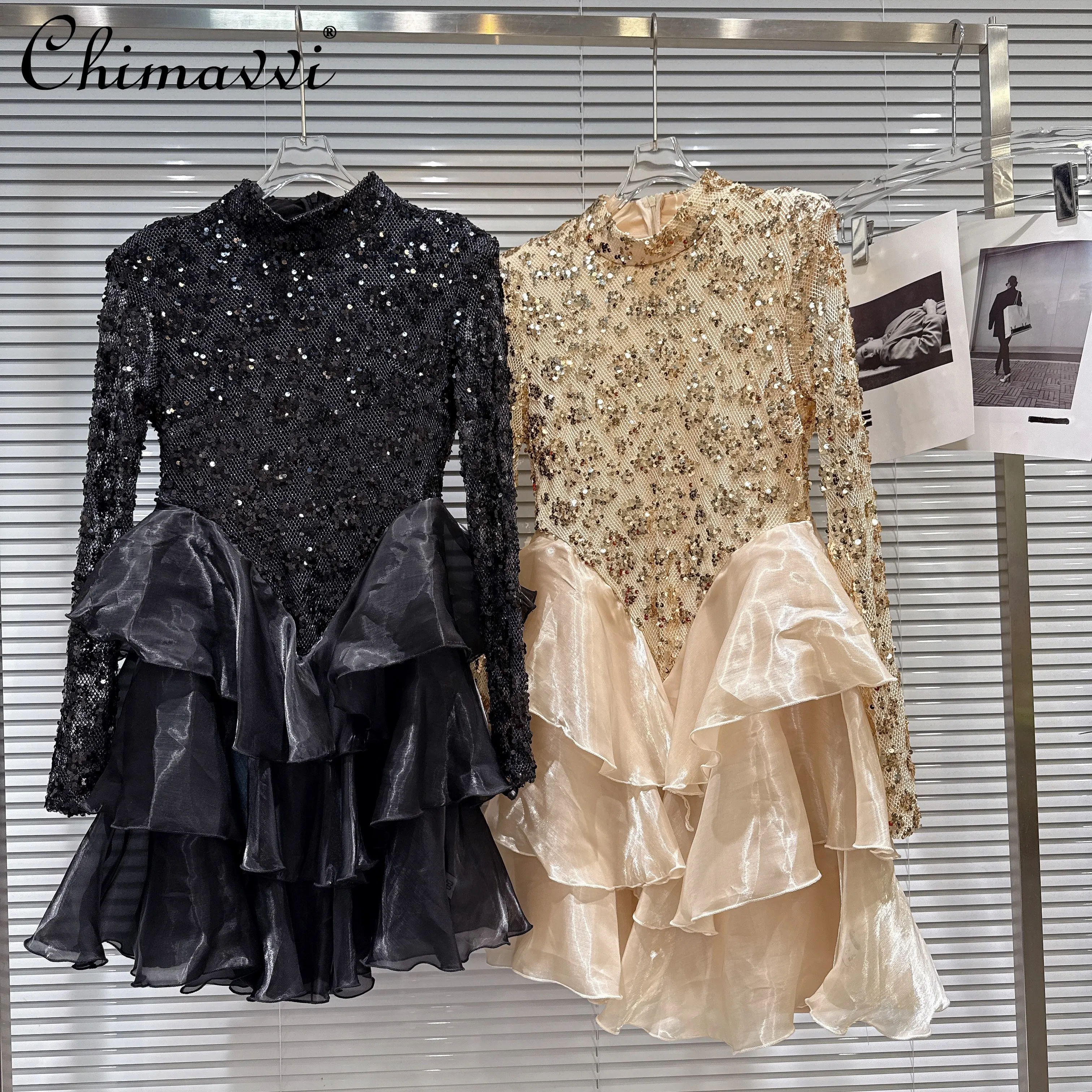 

2026 Spring French Elegant Fashion Socialite Heavy Industry Sequin Embroidery Mesh Spliced Long Sleeve Party Evening Dress Women