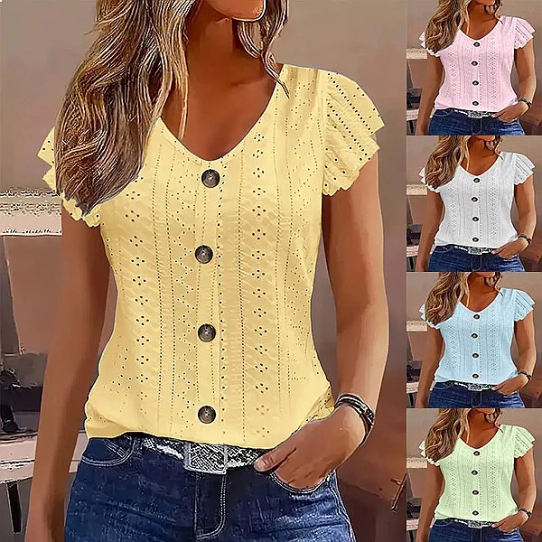 

Women's V Neck Ruffle Sleeve Tee Tops Blouse Spring Summer Casual Solid Color T Shirts