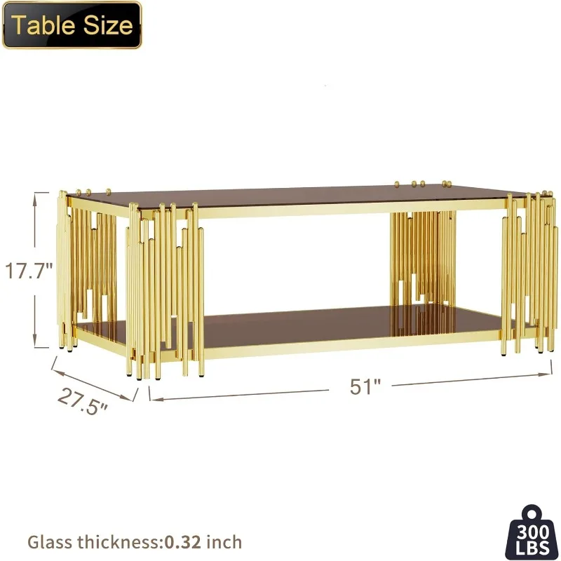 Glass Coffee Table Modern Living Room Table Gold Stainless Steel Metal Leg Rectangular Brown Tempered Glass 51